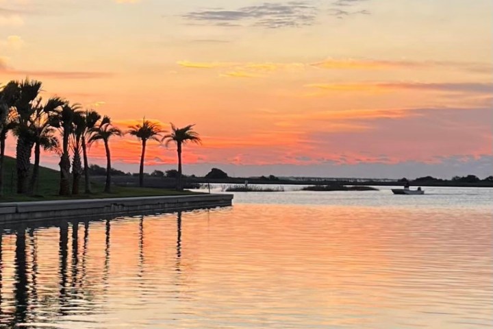 Serene sunset with palm trees and boat on a calm lake.