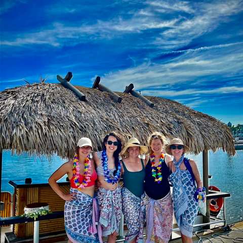 a group of people on a beach