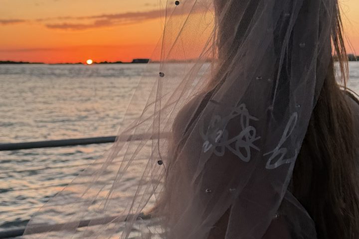 Bride with veil watching sunset over the ocean.