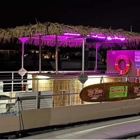 Floating tiki bar with straw roof and pink neon lights at night.