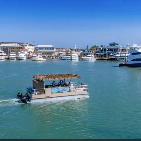 Boat with tiki roof on marina, yachts docked and buildings in background.